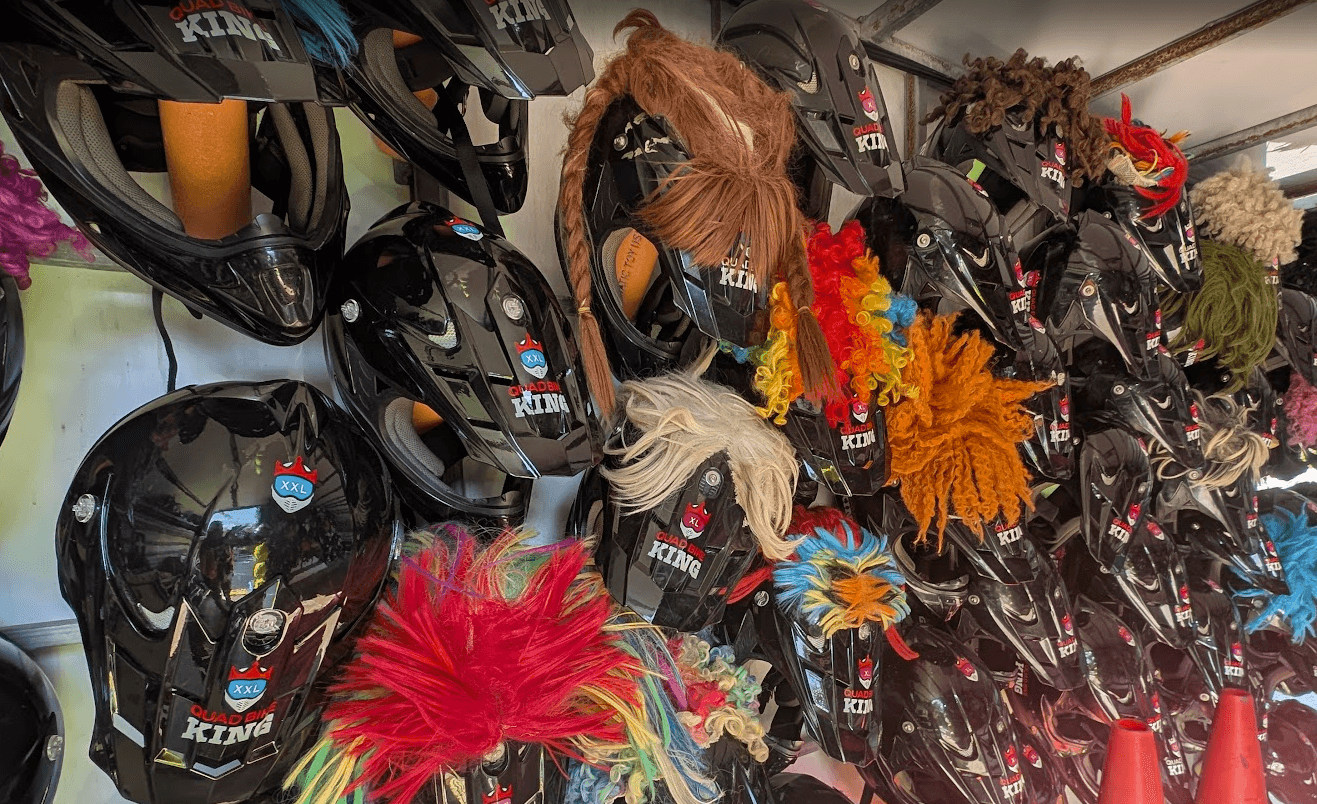 Fun crazy hair helmets available at Quad Bike King Nelson Bay