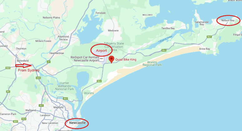 Map of the Port Stephens region showing Nelson Bay, Anna Bay, and Stockton Beach