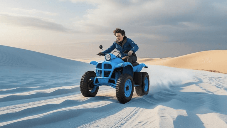 Quad biking on the warm Stockton Beach sand dunes in winter sunshine
