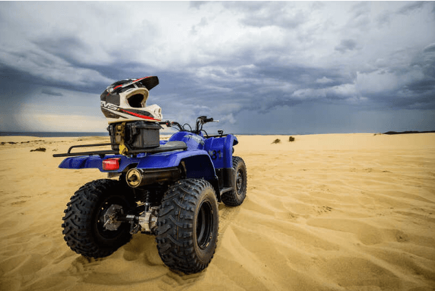 Yamaha Grizzly 350cc quad bikes lined up at Quad Bike King on the Stockton Beach sand dunes